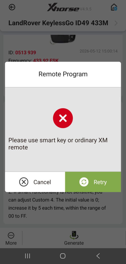 xhorse sw 007 smart watch use smart key error