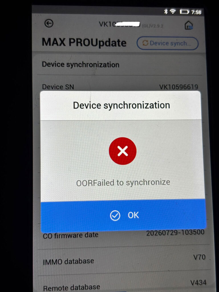 xhorse key tool max pro failed to sync error